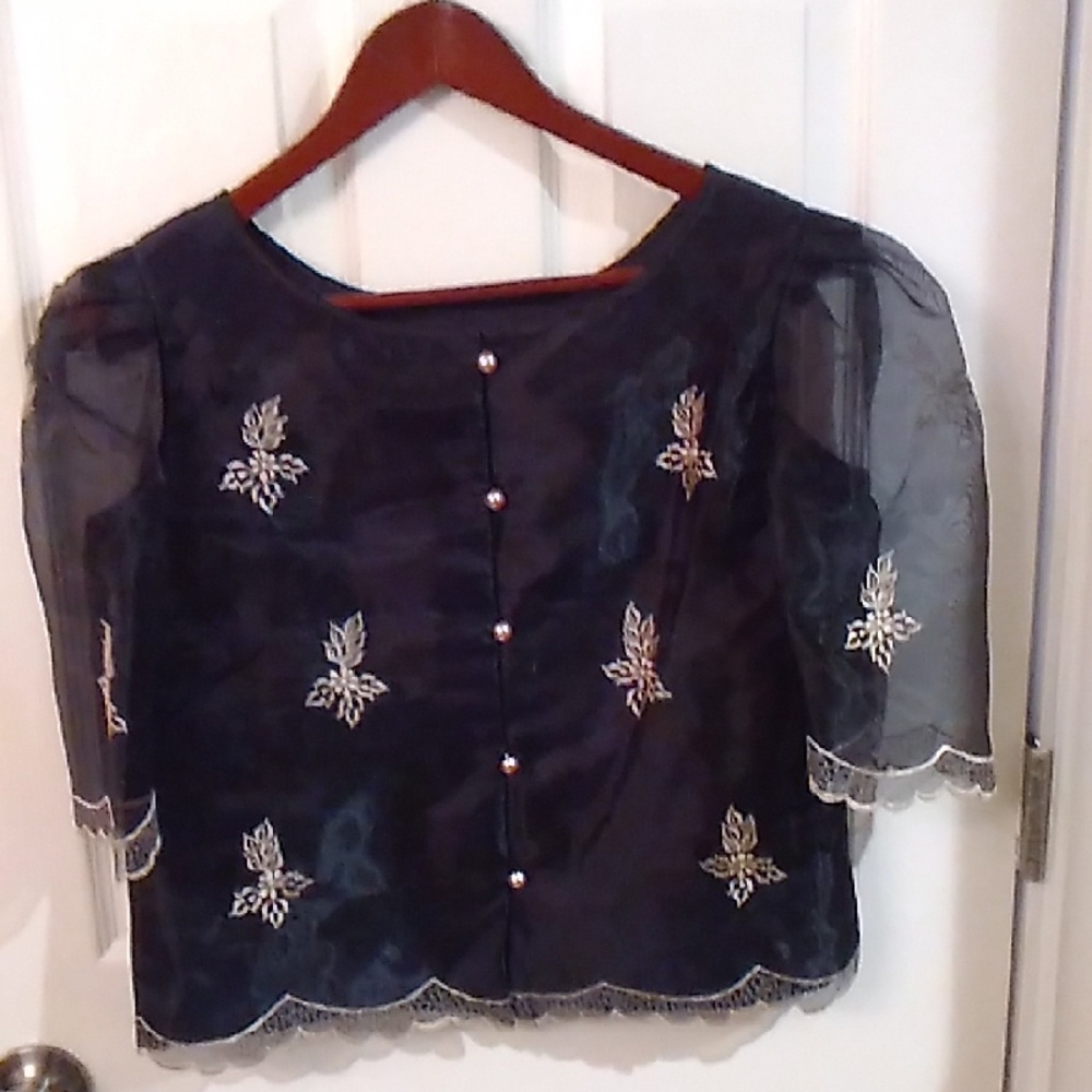 Black Sheer Embroidered Women's Top Size large Phillipines